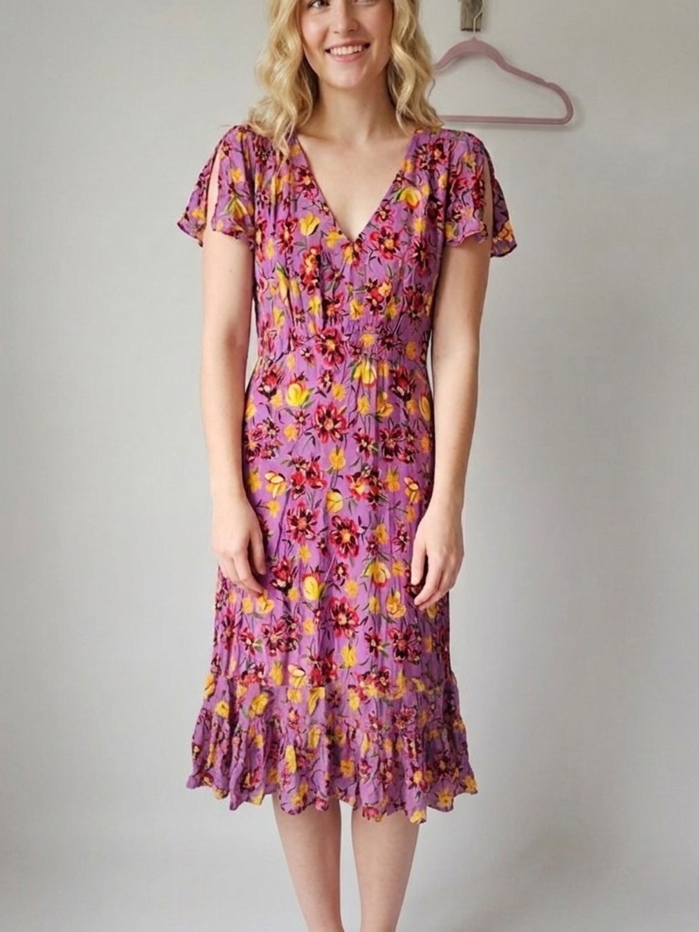 New Vintage Betsey Johnson Purple Floral V-Neck Midi Dress with Silk Size 4 90s